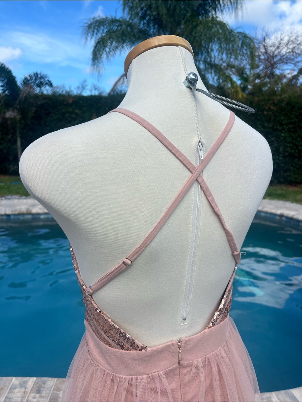Plunge V-Neck Blush Pink Tulle Dress Prom - Picture 6 of 11
